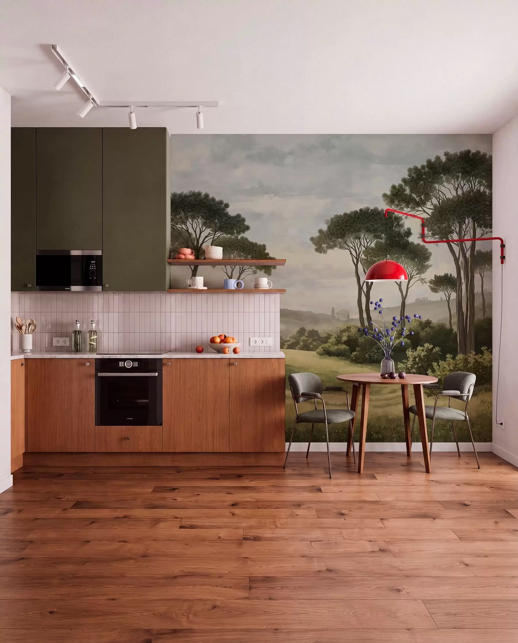 wall murals Landscape with trees, meadow and distant mist w05122v1