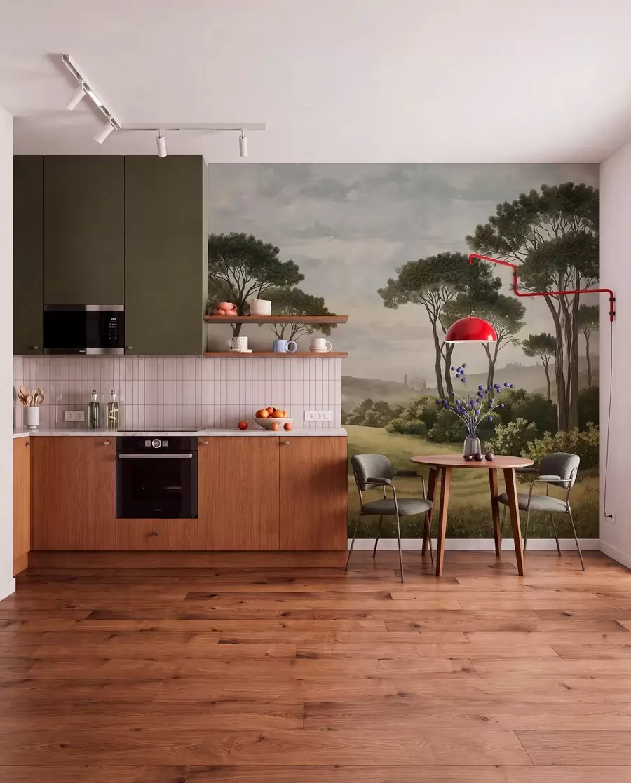 wall murals Landscape with trees, meadow and distant mist w05122v1