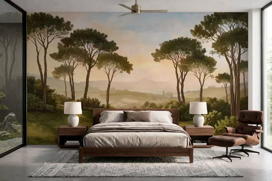 wall murals Landscape with trees in warm sunset light w05122