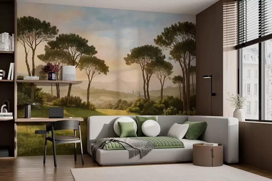 wall murals Landscape with trees in warm sunset light w05122