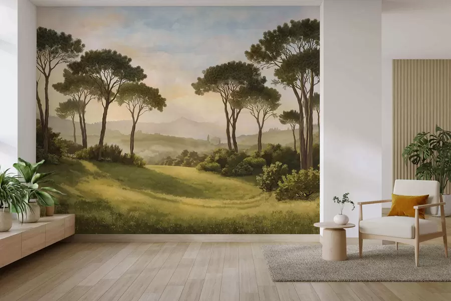 wall murals Landscape with trees in warm sunset light w05122