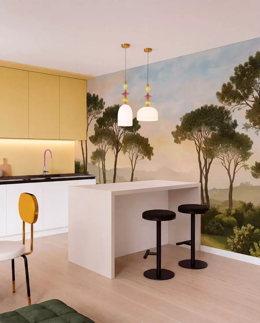 wall murals Landscape with trees in warm sunset light w05122
