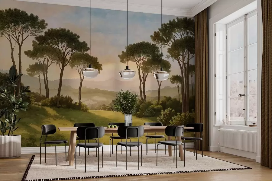 wall murals Landscape with trees in warm sunset light w05122