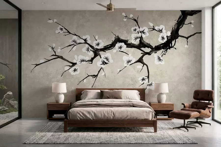 wall murals Branch with white blossoms in minimalist style w05425