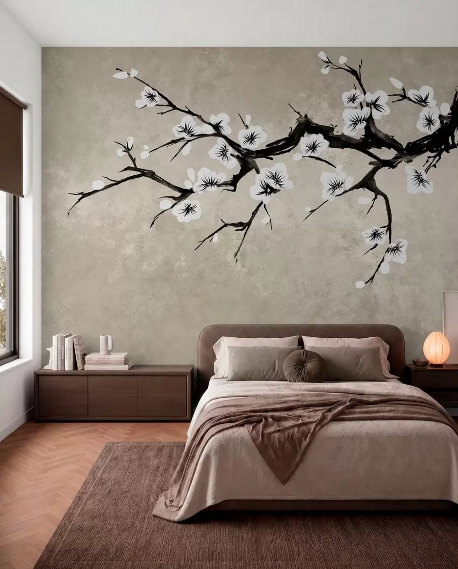 wall murals Branch with white blossoms in minimalist style w05425