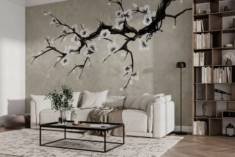 wall murals Branch with white blossoms in minimalist style w05425