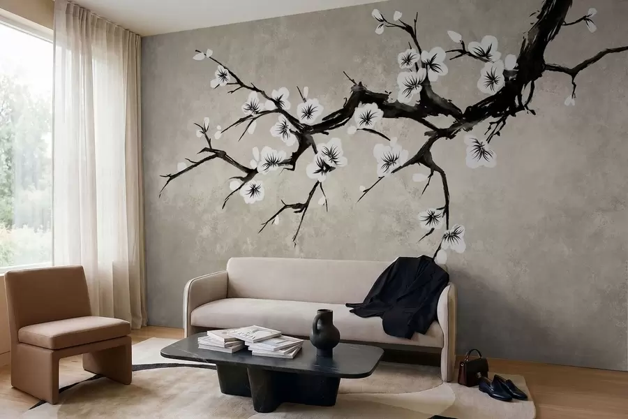 wall murals Branch with white blossoms in minimalist style w05425