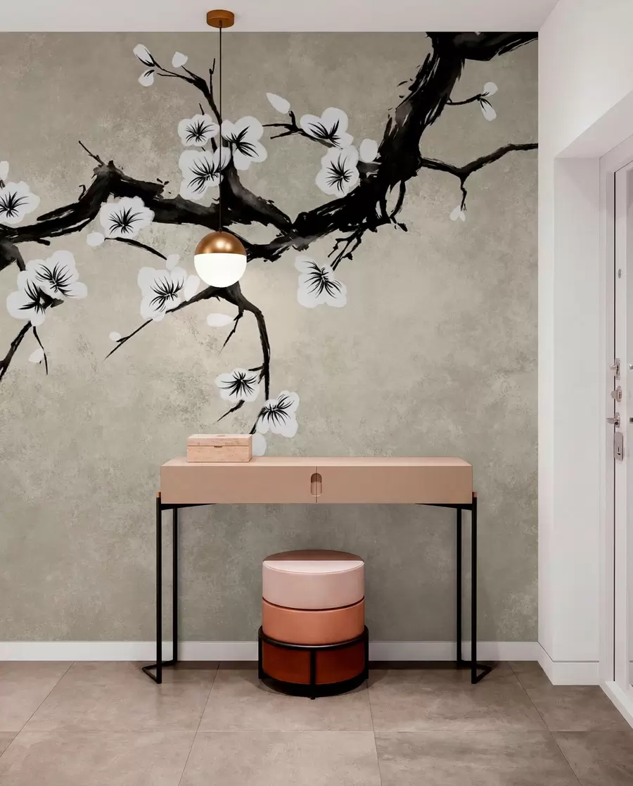 wall murals Branch with white blossoms in minimalist style w05425