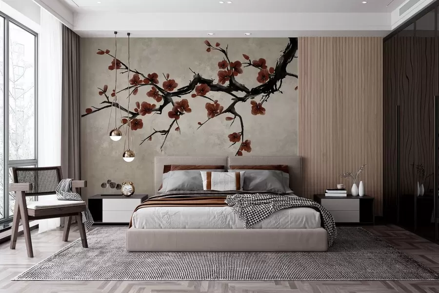 wall murals Branch with dark red blossoms on neutral background w05425v1