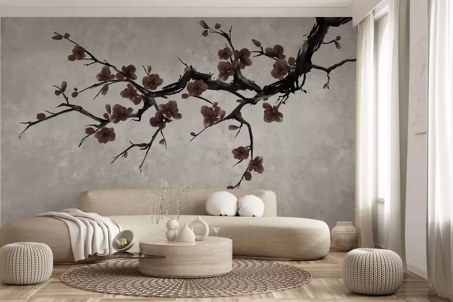 wall murals Branch with dark red blossoms on neutral background w05425v1