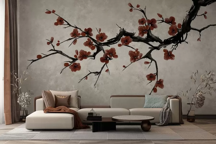 wall murals Branch with dark red blossoms on neutral background w05425v1