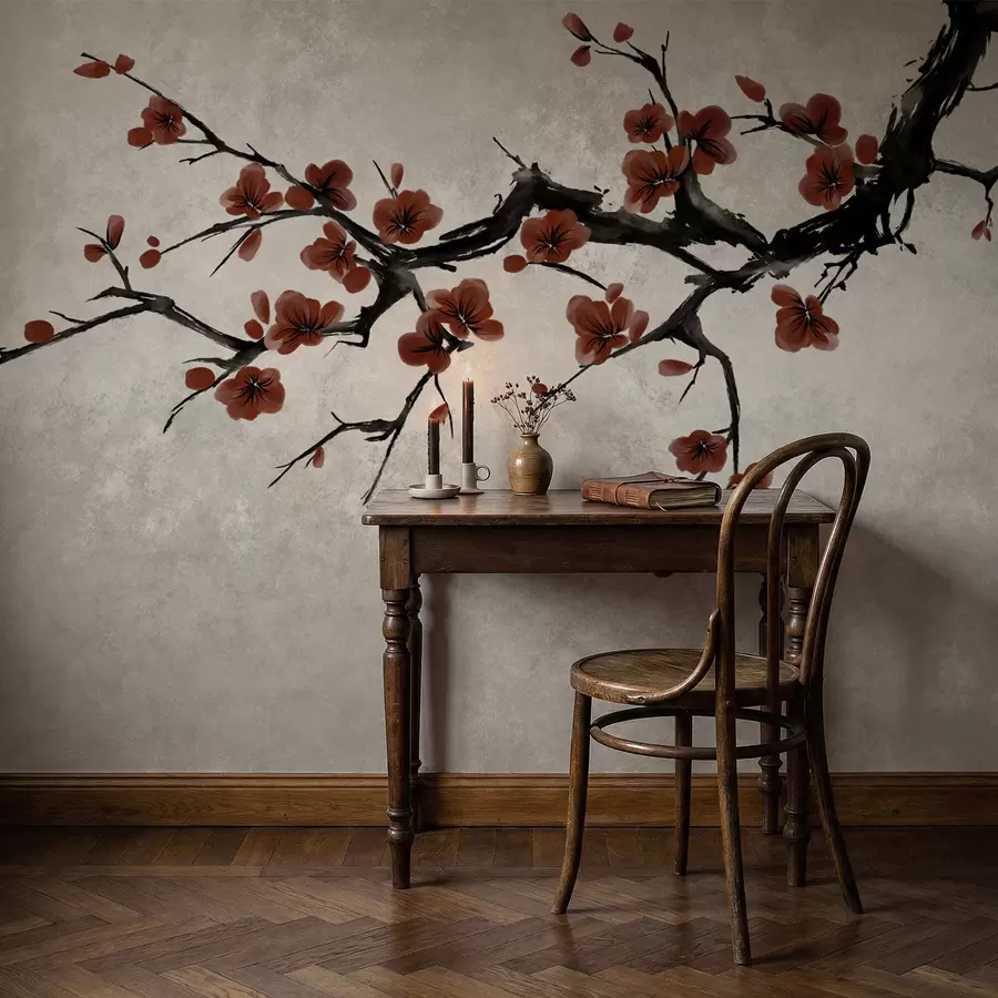 wall murals Branch with dark red blossoms on neutral background w05425v1