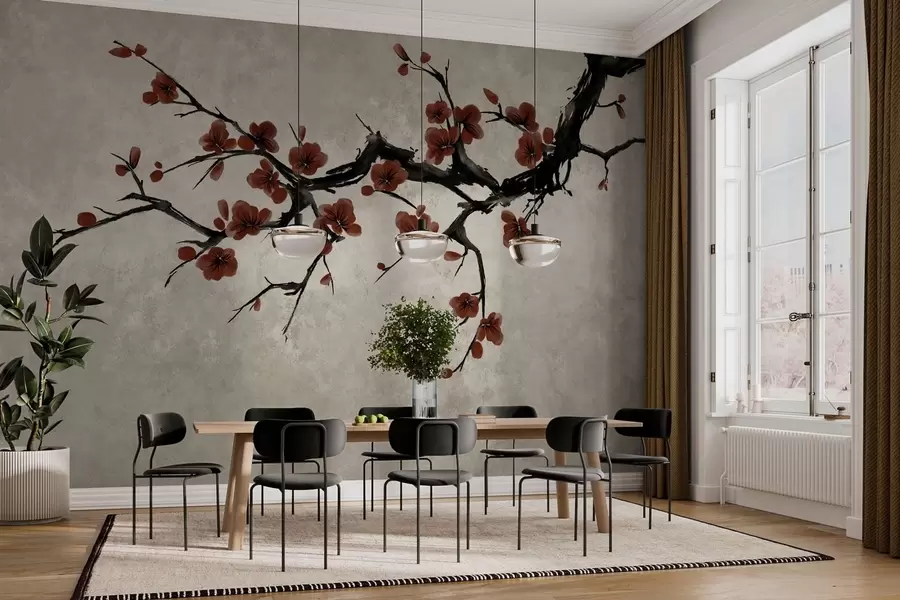 wall murals Branch with dark red blossoms on neutral background w05425v1