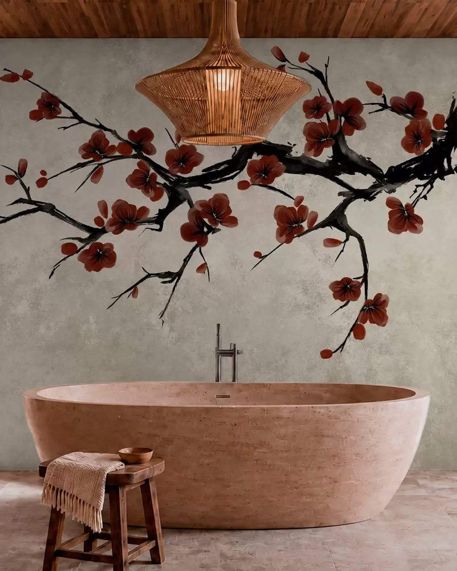wall murals Branch with dark red blossoms on neutral background w05425v1