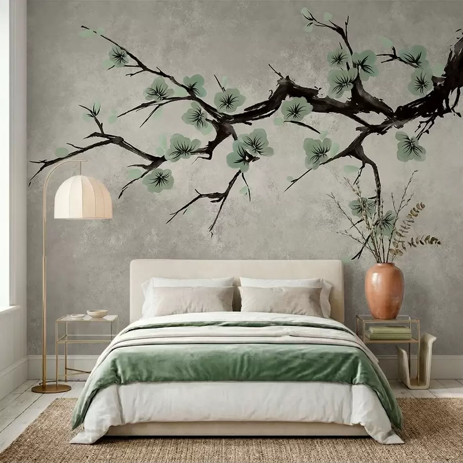 wall murals Branch with green blossoms in calm tones w05425v2