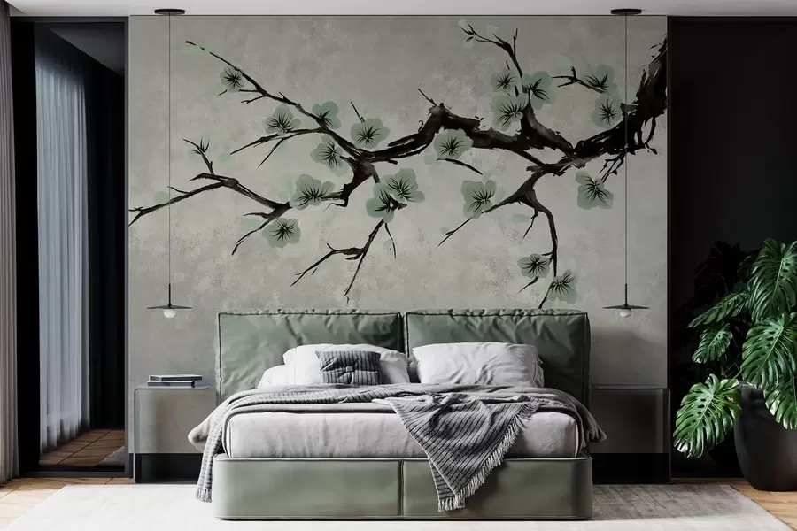 wall murals Branch with green blossoms in calm tones w05425v2