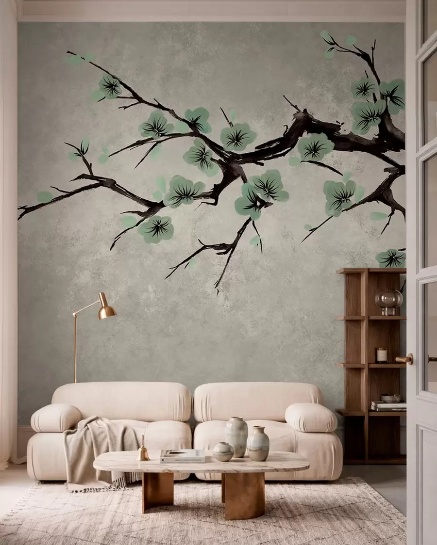 wall murals Branch with green blossoms in calm tones w05425v2