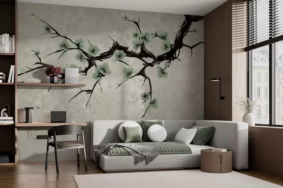 wall murals Branch with green blossoms in calm tones w05425v2