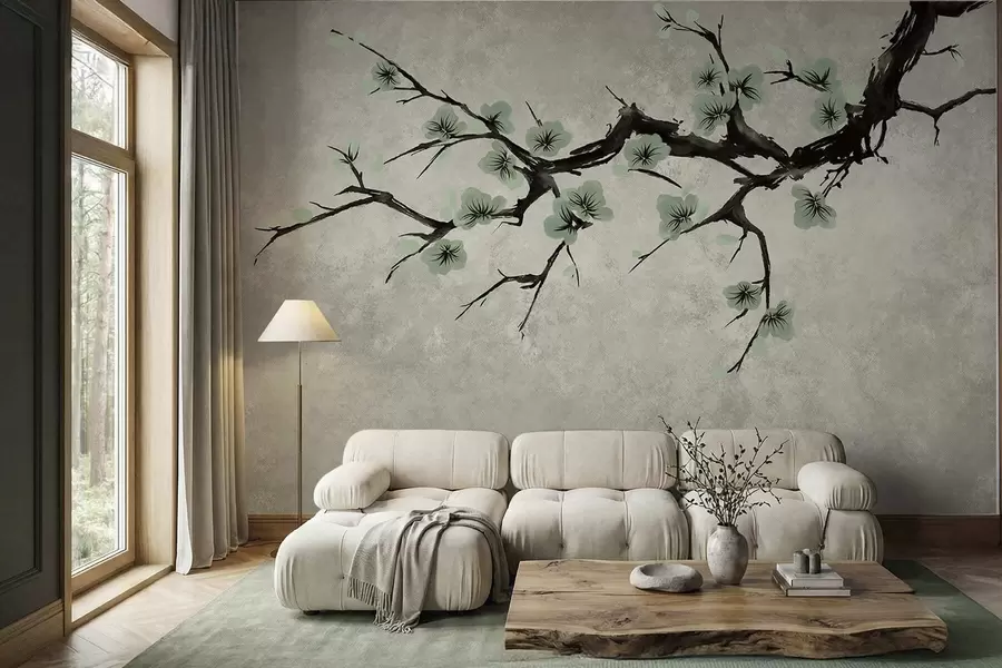 wall murals Branch with green blossoms in calm tones w05425v2