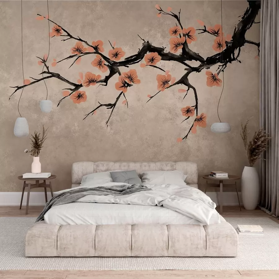 wall murals Branch with peach blossoms on textured background w05425v3