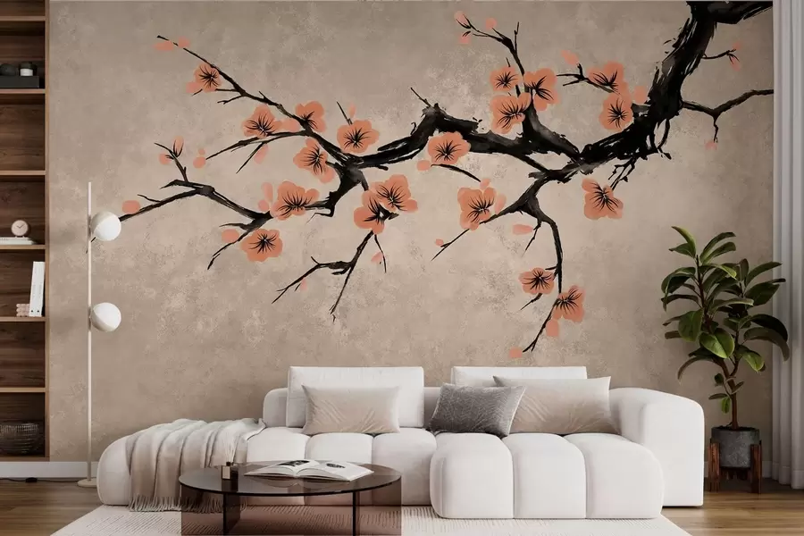 wall murals Branch with peach blossoms on textured background w05425v3