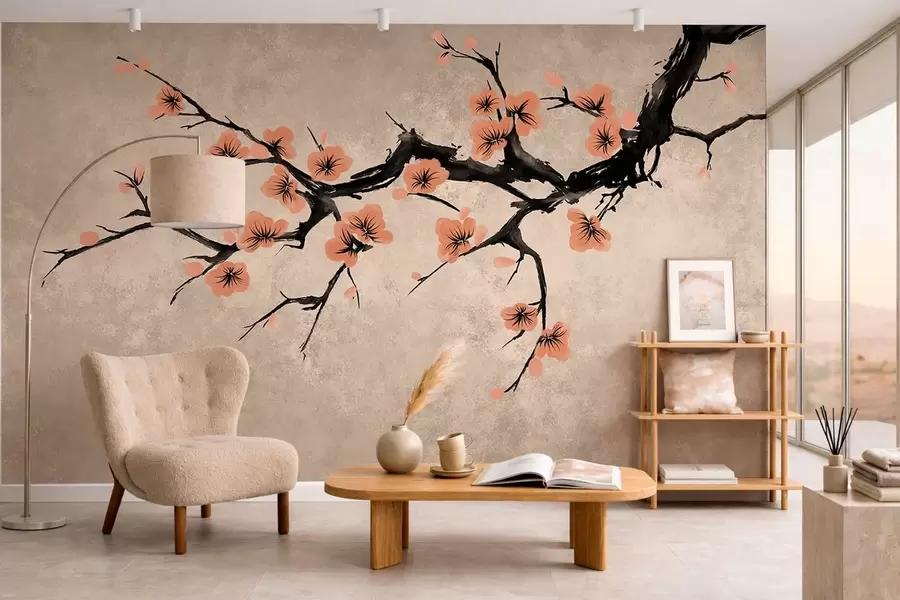 wall murals Branch with peach blossoms on textured background w05425v3