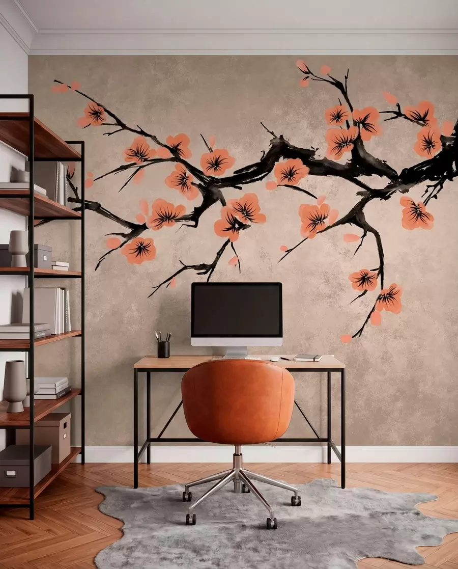 wall murals Branch with peach blossoms on textured background w05425v3