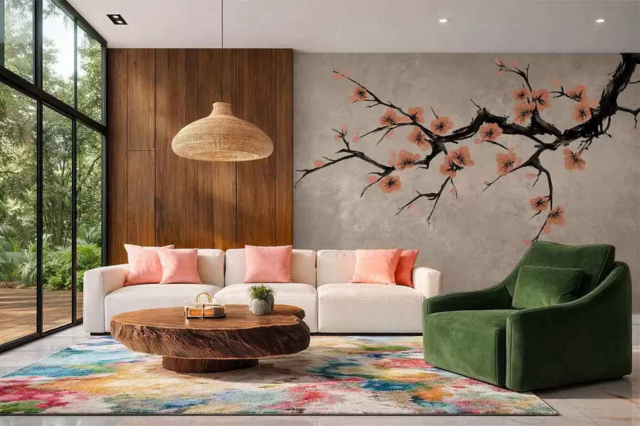 wall murals Branch with peach blossoms on textured background w05425v3