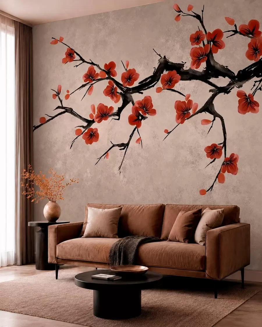 wall murals Blossom branch in eastern style on beige background w05425v4