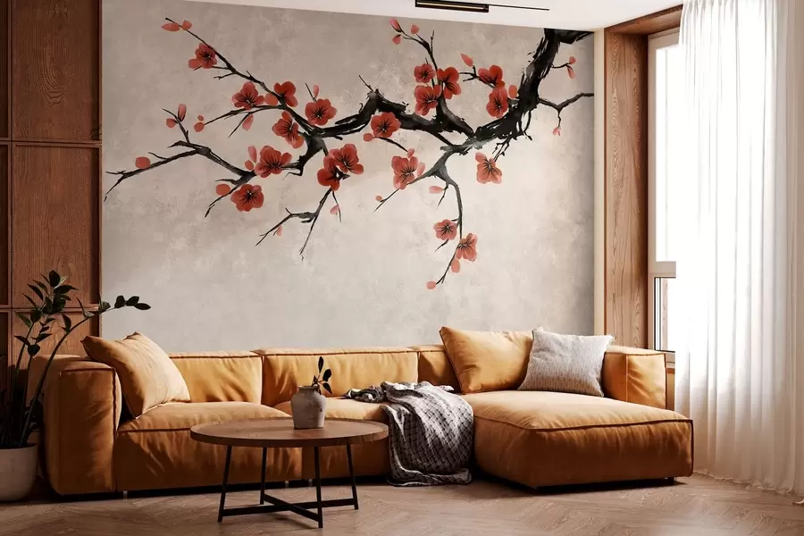 wall murals Blossom branch in eastern style on beige background w05425v4