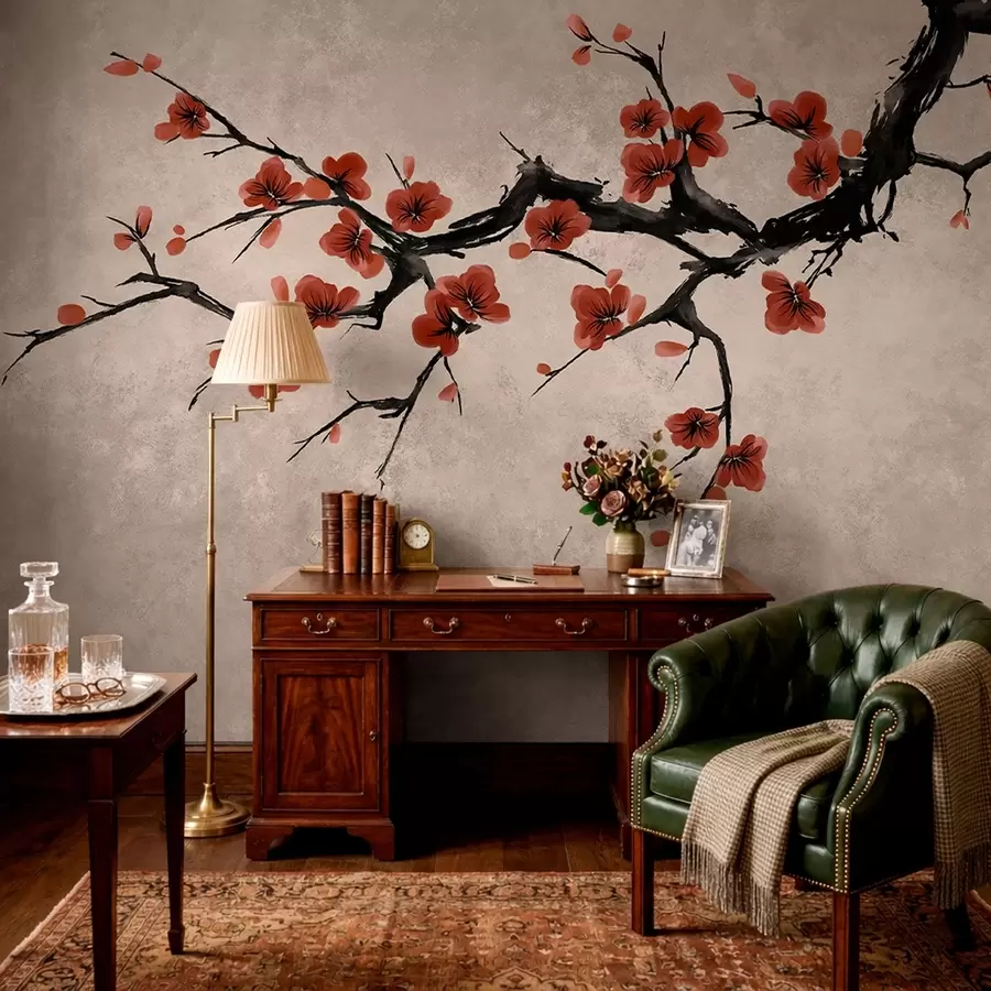 wall murals Blossom branch in eastern style on beige background w05425v4