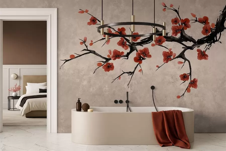 wall murals Blossom branch in eastern style on beige background w05425v4