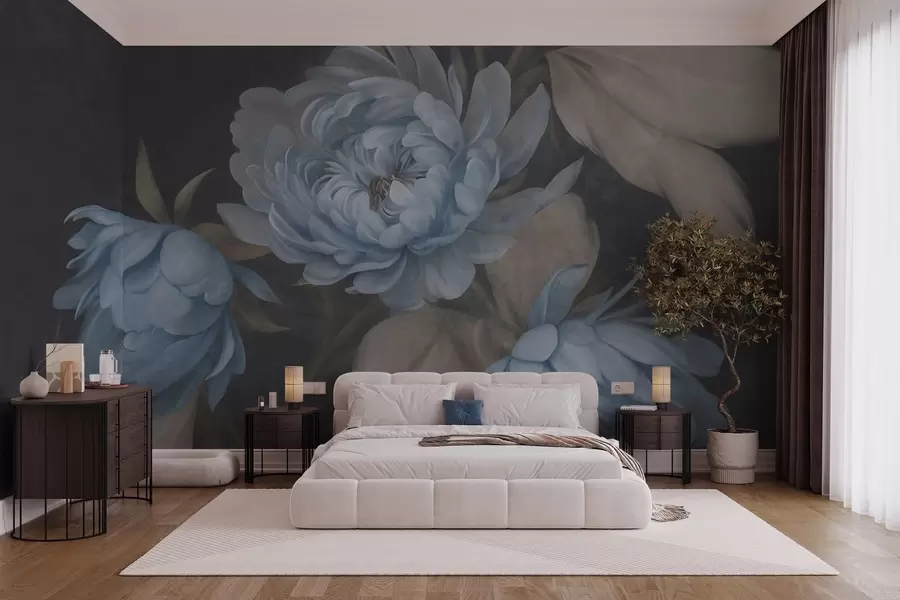 wall murals Textured light blue peony flowers with beige leaves against a dark background w09751