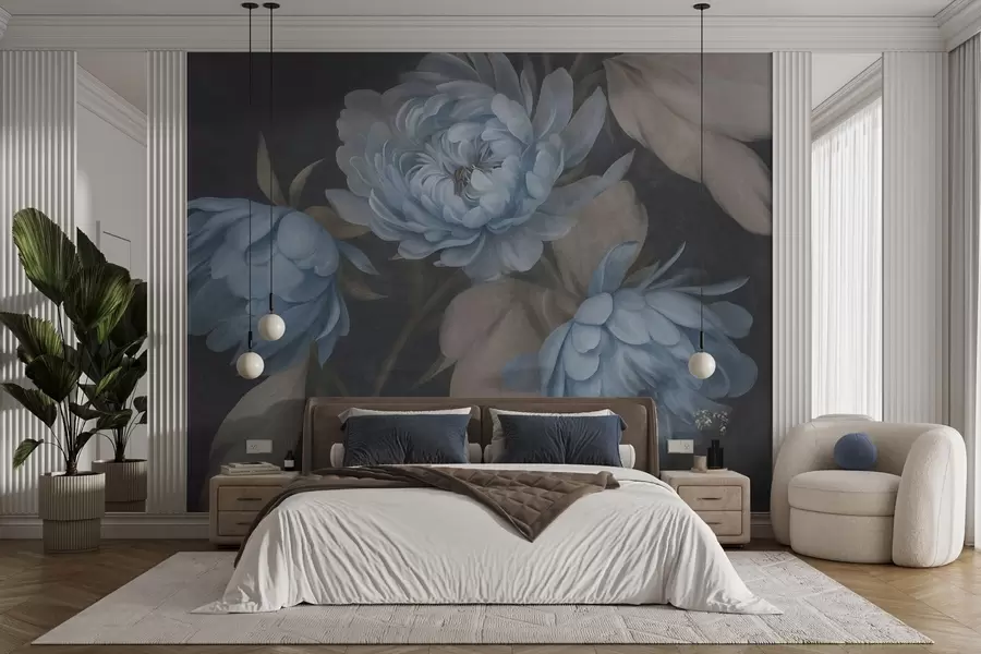 wall murals Textured light blue peony flowers with beige leaves against a dark background w09751