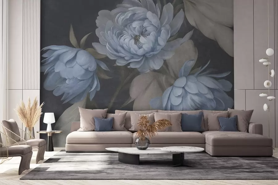wall murals Textured light blue peony flowers with beige leaves against a dark background w09751
