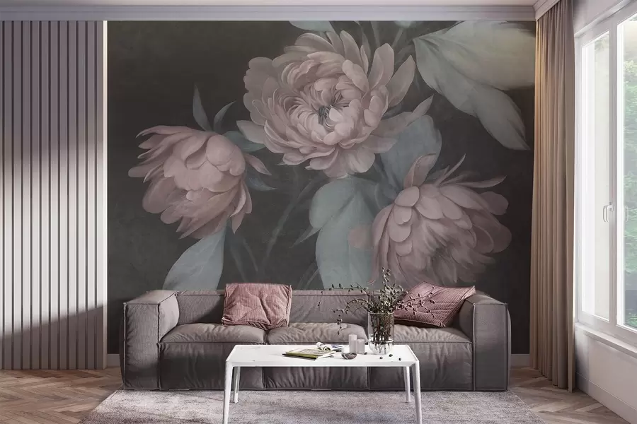 wall murals Textured light pink peony flowers with muted green leaves against a dark background w09751v1