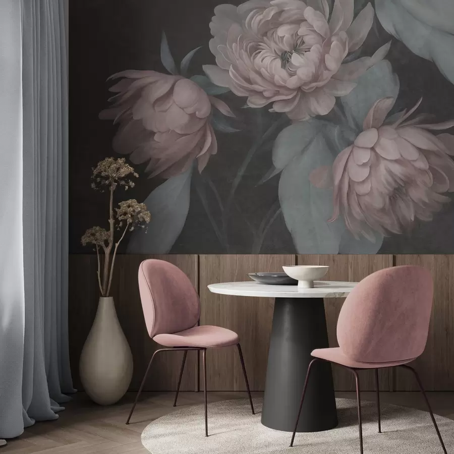 wall murals Textured light pink peony flowers with muted green leaves against a dark background w09751v1