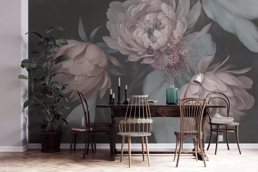 wall murals Textured light pink peony flowers with muted green leaves against a dark background w09751v1
