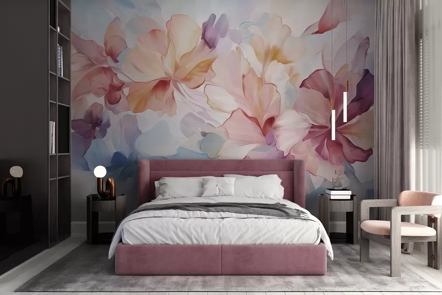 wall murals Abstract fantasy flowers in shades of pink, peach and lavender in painting style, textured art w09767