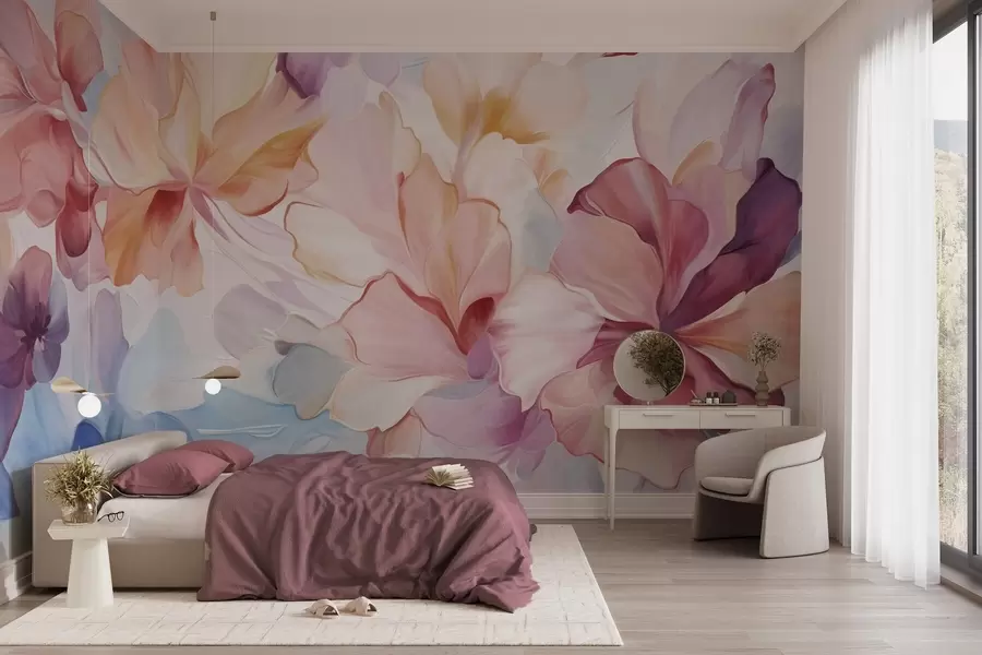 wall murals Abstract fantasy flowers in shades of pink, peach and lavender in painting style, textured art w09767