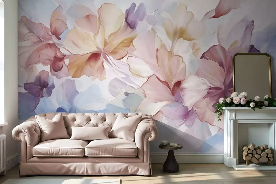 wall murals Abstract fantasy flowers in shades of pink, peach and lavender in painting style, textured art w09767
