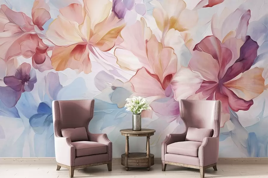 wall murals Abstract fantasy flowers in shades of pink, peach and lavender in painting style, textured art w09767