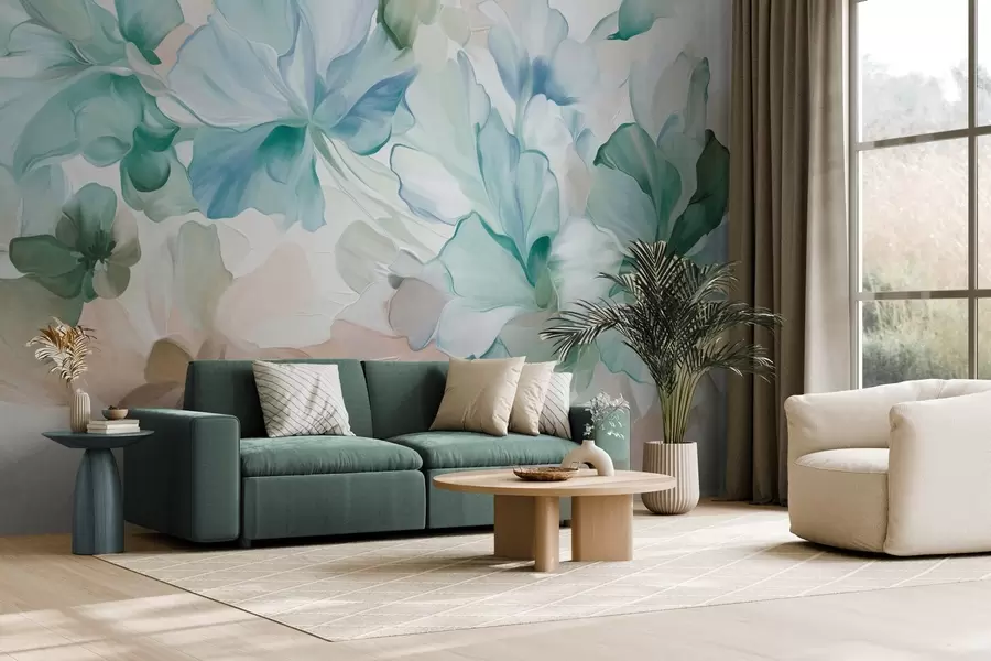 wall murals Abstract fantasy flowers in shades of green, blue and beige in painting style, textured art w09767v1