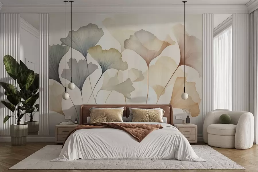 wall murals Abstract ginkgo leaves in muted pastel colors like blue, green, and peach, textured art w09810