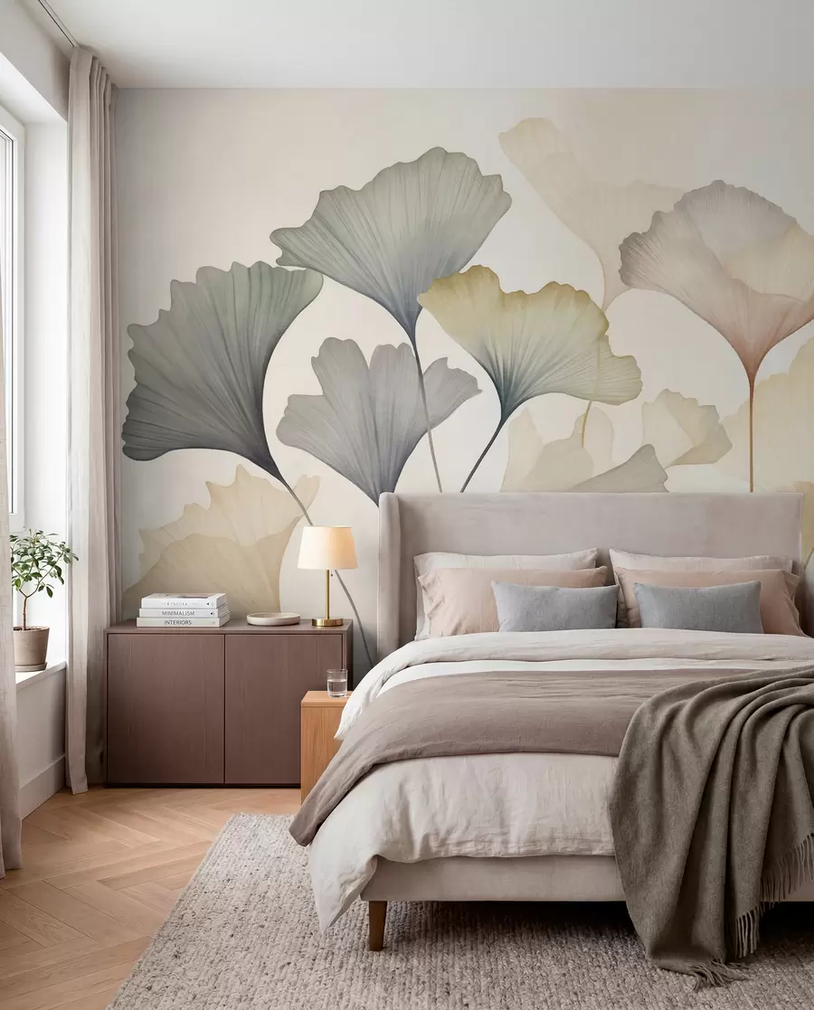 wall murals Abstract ginkgo leaves in muted pastel colors like blue, green, and peach, textured art w09810