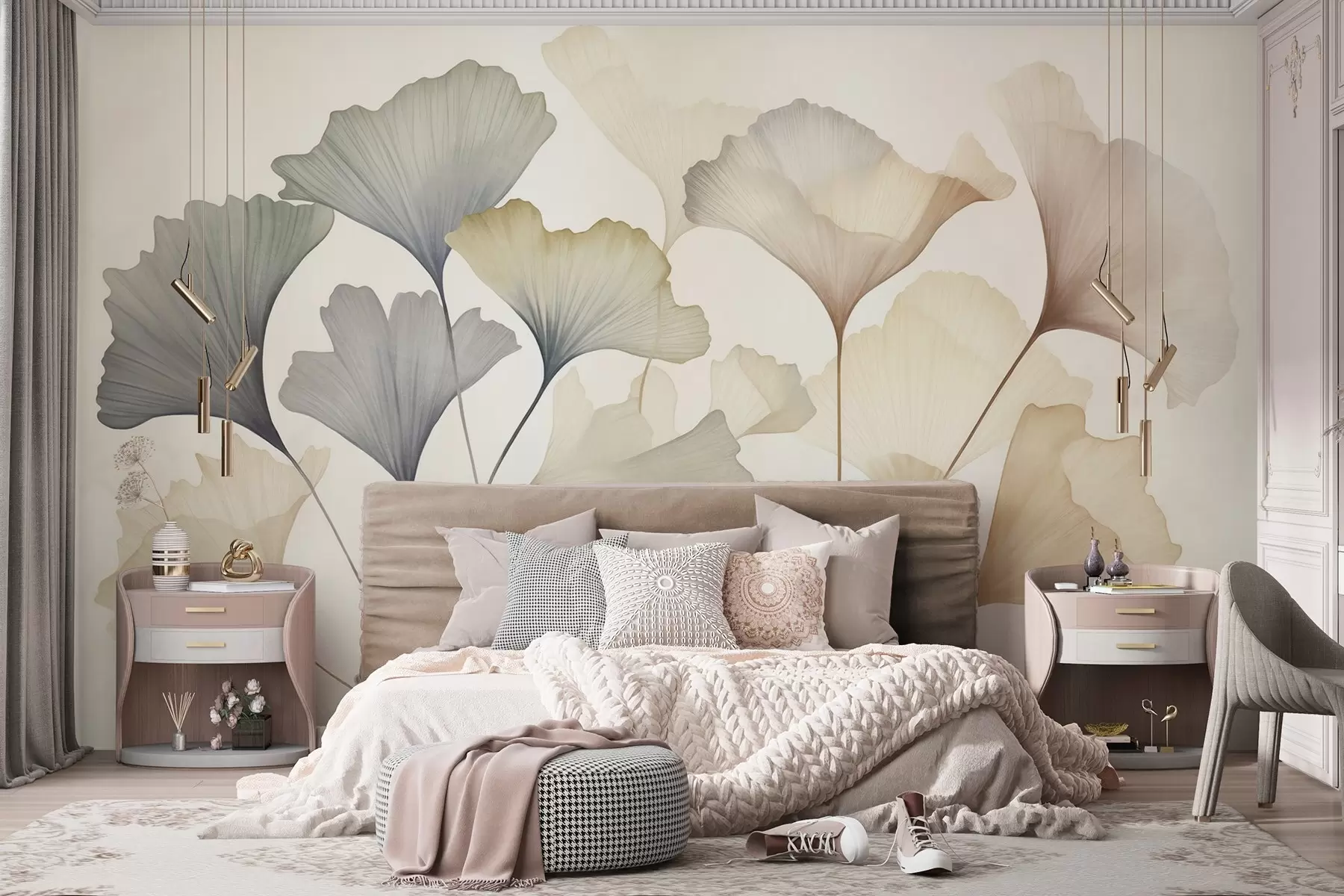 wall murals Abstract ginkgo leaves in muted pastel colors like blue, green, and peach, textured art w09810