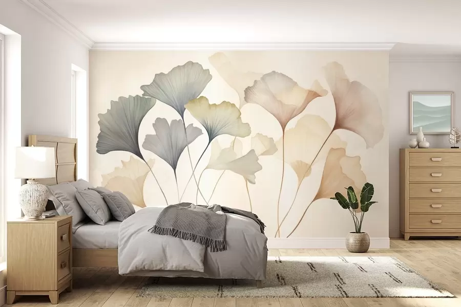wall murals Abstract ginkgo leaves in muted pastel colors like blue, green, and peach, textured art w09810