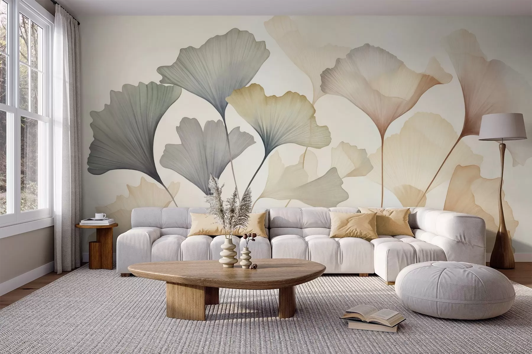 wall murals Abstract ginkgo leaves in muted pastel colors like blue, green, and peach, textured art w09810