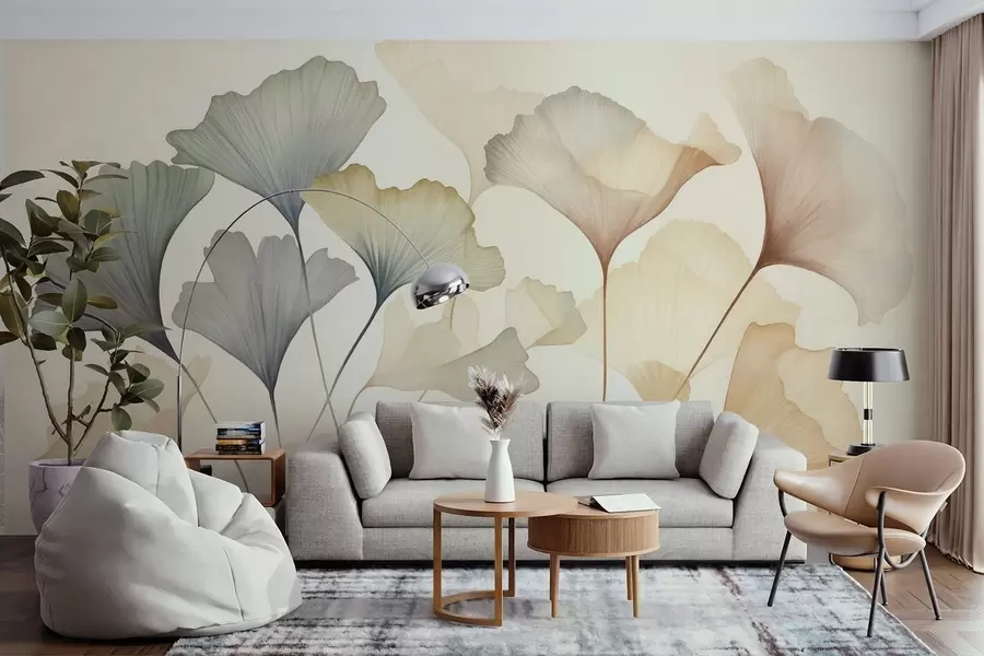 wall murals Abstract ginkgo leaves in muted pastel colors like blue, green, and peach, textured art w09810