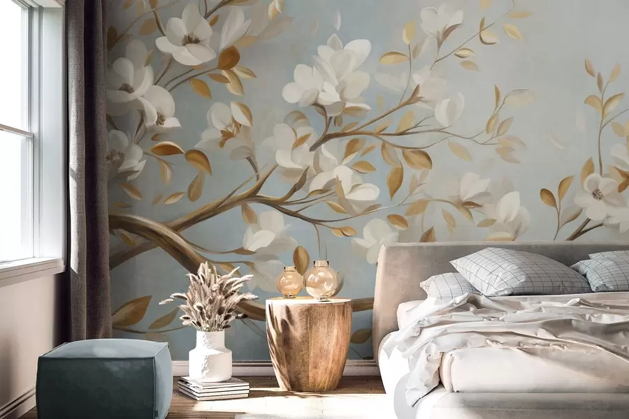 wall murals Textured tree branch with white flowers and yellow leaves, vintage style w09814